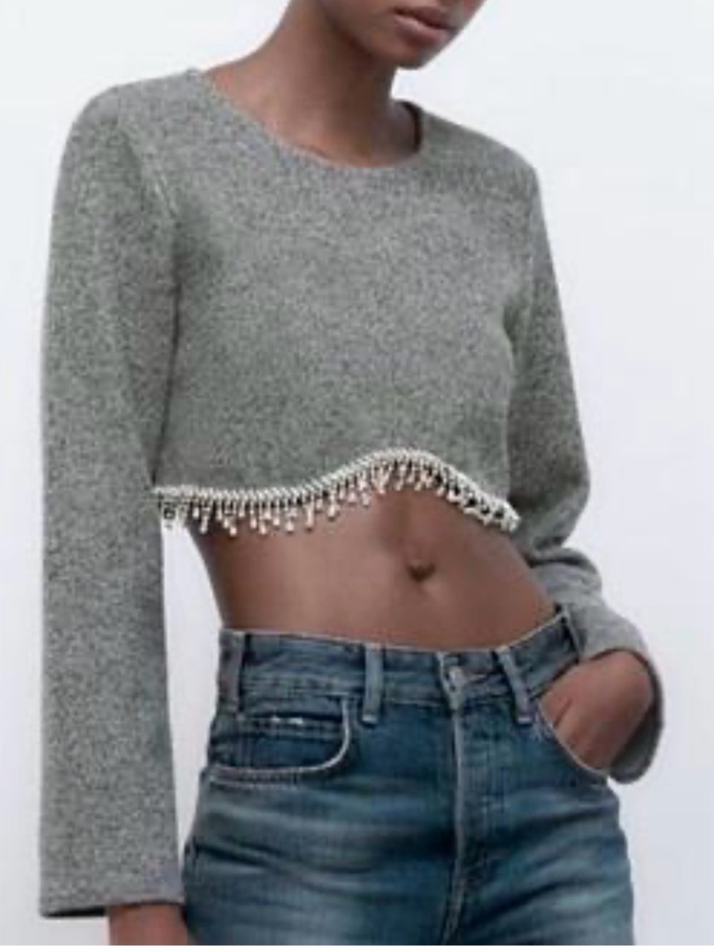 Zara heather grey cropped ribbed sweater with rhinestones S